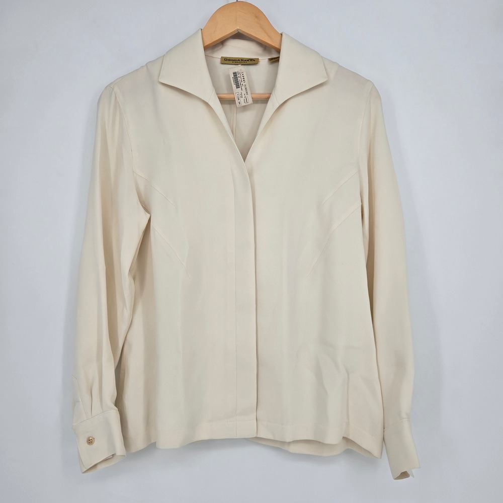 Vintage‎ NWT $180 100% Silk Donna Karan Signature Womens M Cream Blouse Business